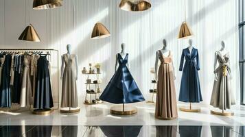 elegant fashion collection hanging in modern boutique photo