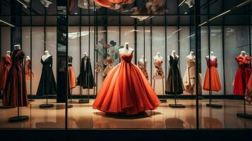 elegant fashion collection hanging in modern boutique photo