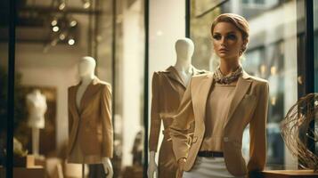 elegant mannequin standing in modern boutique window photo