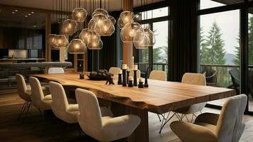 elegant wooden dining room with modern lighting photo