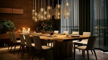 elegant wooden dining room with modern lighting photo