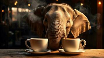 elephant mug sips hot coffee on wooden table photo