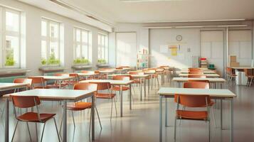 empty classroom with modern chairs and tables photo