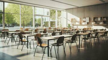 empty classroom with modern chairs and tables photo