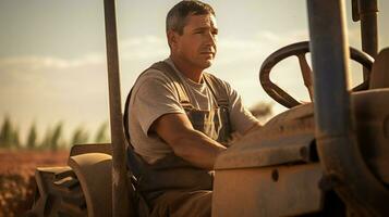 farm worker driving tractor prepares for harvest photo