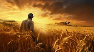 granjero trabajando al aire libre cosecha trigo a puesta de sol foto