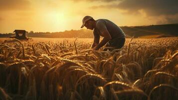 granjero trabajando al aire libre cosecha trigo a puesta de sol foto