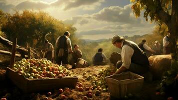 farmers harvesting fresh fruit in the autumn sunlight heat photo