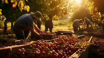 farmers harvesting fresh fruit in the autumn sunlight heat photo