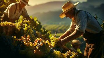 farmers harvesting fresh fruit in the autumn sunlight heat photo