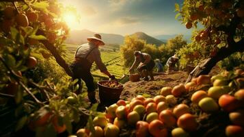 farmers harvesting fresh fruit in the autumn sunlight heat photo