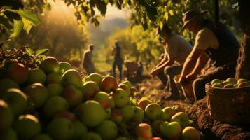 agricultores cosecha Fresco Fruta en el otoño luz de sol calor foto