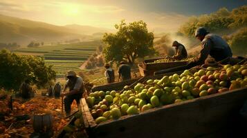 farmers harvesting fresh fruit in the autumn sunlight heat photo