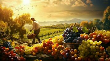 farmers harvesting fresh fruit in the autumn sunlight heat photo