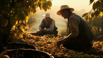 farmers harvesting fresh fruit in the autumn sunlight heat photo