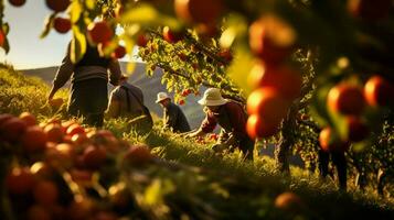 farmers harvesting fresh fruit in the autumn sunlight heat photo