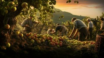 farmers harvesting fresh fruit in the autumn sunlight heat photo