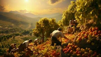 farmers harvesting fresh fruit in the autumn sunlight heat photo