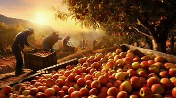 farmers harvesting fresh fruit in the autumn sunlight heat photo