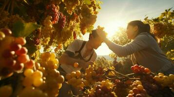 farmers harvesting fresh fruit in the autumn sunlight heat photo