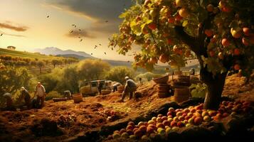 farmers harvesting fresh fruit in the autumn sunlight heat photo