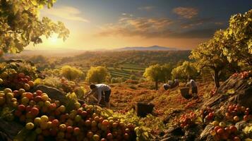 farmers harvesting fresh fruit in the autumn sunlight heat photo