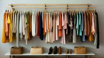 fashionable clothing collection hanging in modern boutique photo
