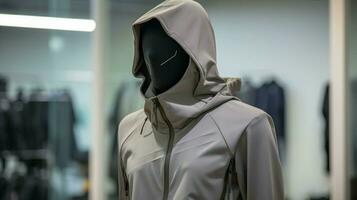 fashionable mannequin wears modern hooded jacket photo