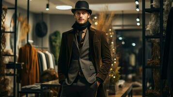 fashionable men winter collection in modern boutique photo