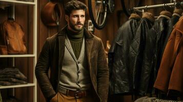 fashionable men winter collection in modern boutique photo