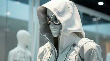 fashionable mannequin wears modern hooded jacket photo