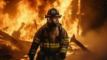 firefighter in protective gear battles raging photo