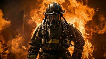 firefighter in protective gear battles raging photo