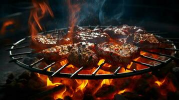 flame grilled meat sizzling on metal grate photo