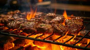 flame grilled meat sizzling on metal grate photo