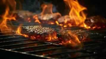 flame grilling meat on a glowing coal grill photo