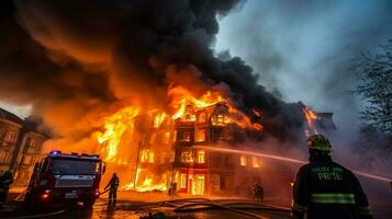 flames engulfed the burning building firefighters worked photo