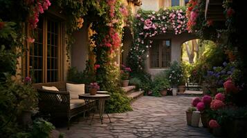 flower filled courtyard in rustic residential architecture photo