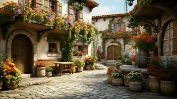 flower filled courtyard in rustic residential architecture photo