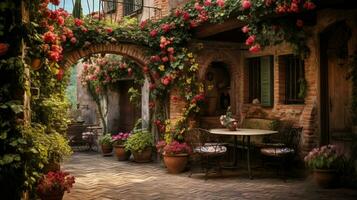 flower filled courtyard in rustic residential architecture photo