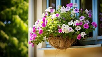 flower pot on outdoor window summer design photo