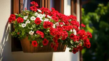 flower pot on outdoor window summer design photo