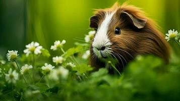 fluffy guinea pig in green grass close up portrait photo