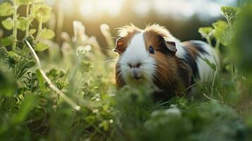 fluffy guinea pig in green grass close up portrait photo