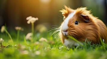 fluffy guinea pig in green grass close up portrait photo