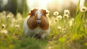 fluffy guinea pig in green grass close up portrait photo