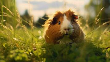 fluffy guinea pig in green grass close up portrait photo