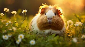 fluffy guinea pig with whiskers lying on grass looking photo