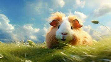 fluffy guinea pig with whiskers lying on grass looking photo