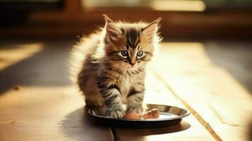 fluffy kitten eating from saucer on wooden table indoors photo